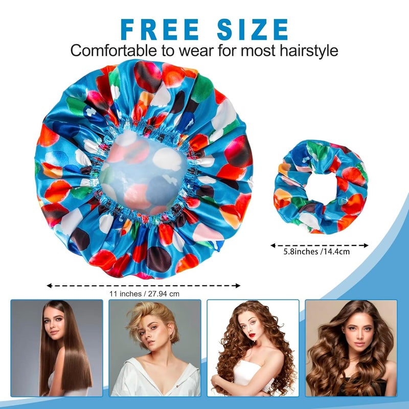 Happtiger Shower Cap for Women Set of 4, Bath Caps, Double Layers Hair Caps + 2 Satin Hair Scrunchies, Reusable Waterproof Shower Caps, Elastic Hair Cap for Shower - Pattern A - Image 3
